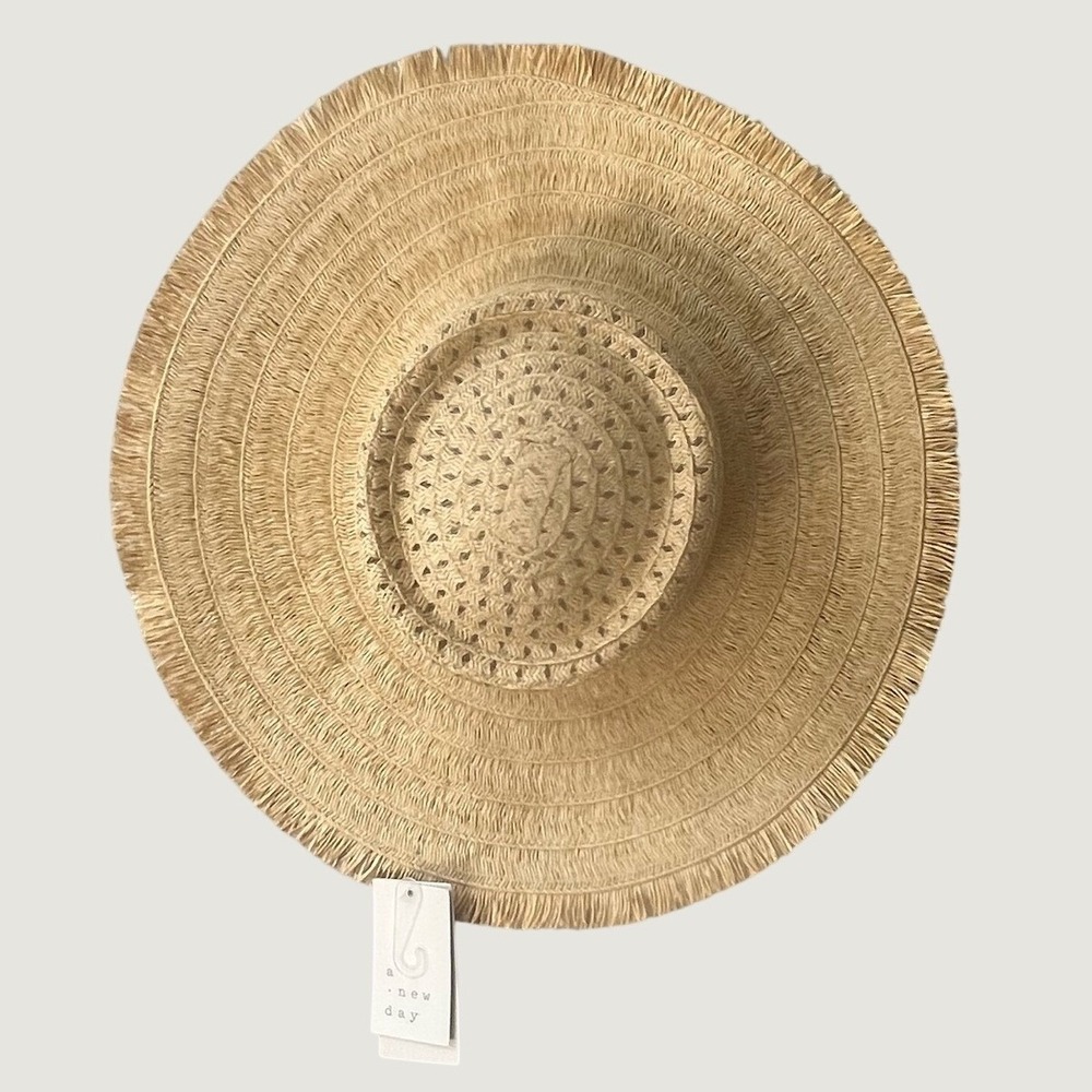 A New Day Womens Wide Brim Adjustable Raw Edge Straw Hat Natural OS Sun Beach